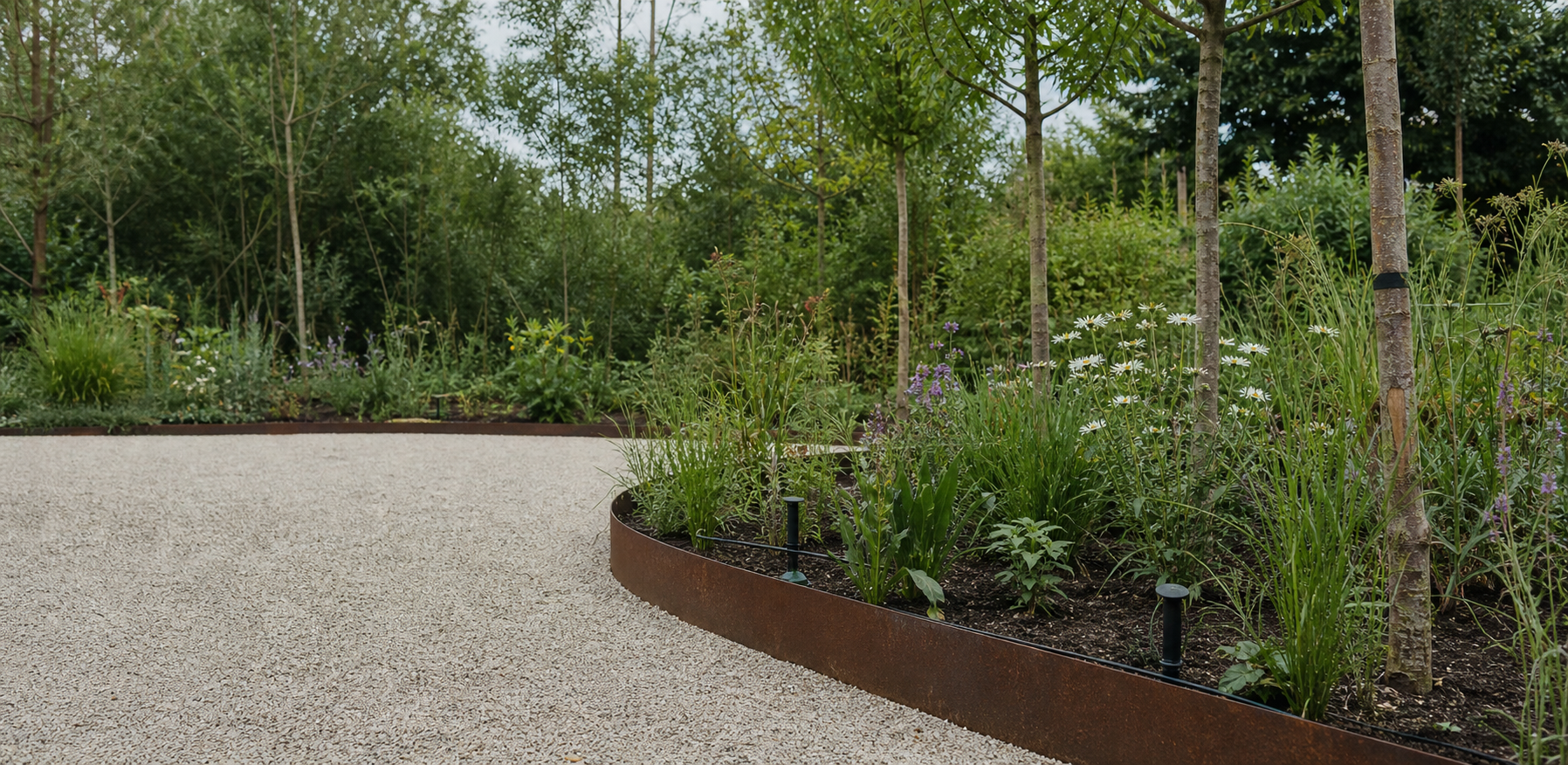 Jardín contemporáneo con vegetación nativa, grava permeable y bordes de acero